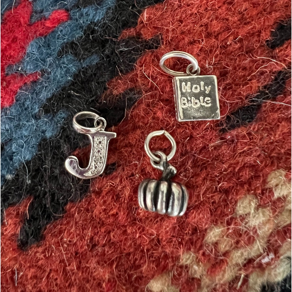 Lot of 3 sterling silver charms J initial, pumpkin, Bible